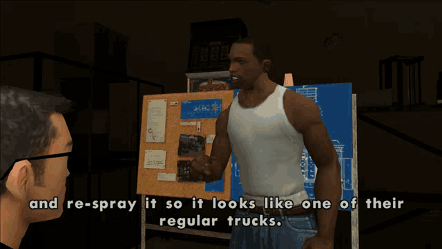 a man in a white tank top is talking to another man with the words and re-spray it so it looks like one of their