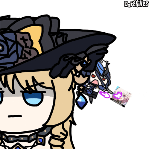a drawing of a girl wearing a hat with darthilles written below it