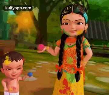 a cartoon girl and a baby are playing with holi paint .