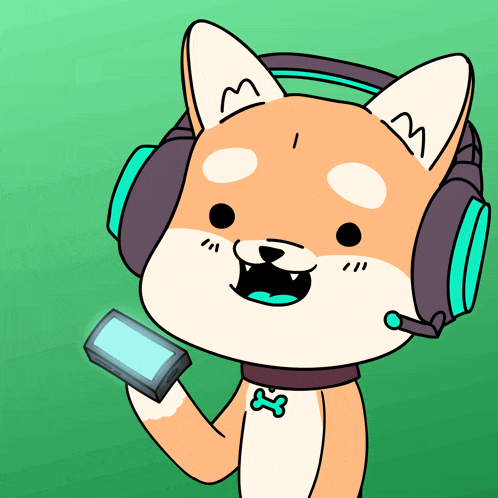 a cartoon shiba inu wearing headphones and holding a cell phone
