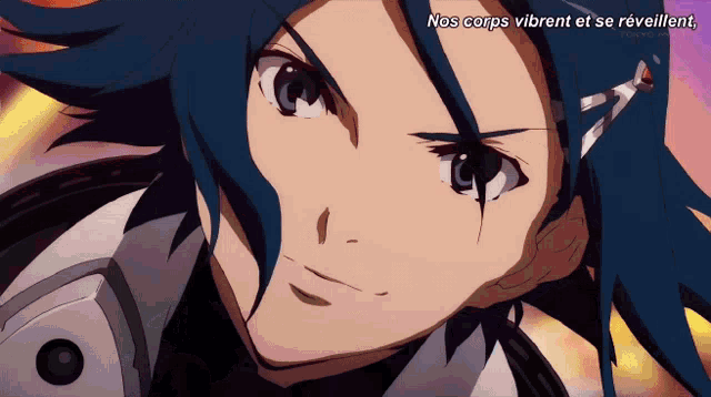 a close up of a blue haired anime character with nos corps vibrent et se reveillent written below it