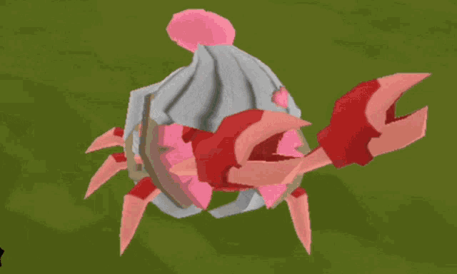 a pink and red crab wearing a hat with a pink flower on it