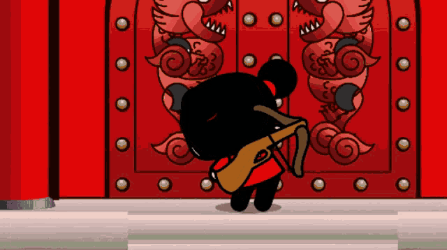 a cartoon character is standing in front of a red door and holding a guitar