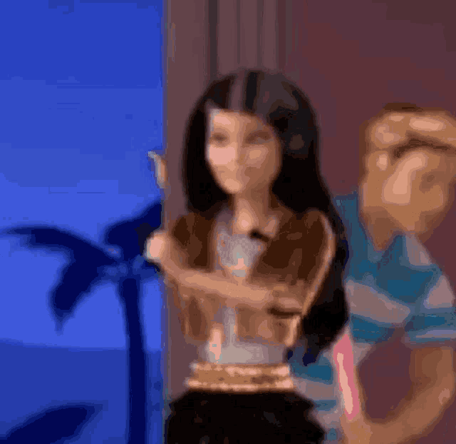 a barbie doll is covering her mouth with her hand while standing next to a man in a striped shirt .