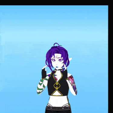 a girl with purple hair has a tattoo on her arm that says ' a ' on it