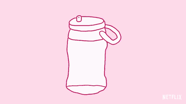 a cartoon drawing of a pink cup with a handle and a straw