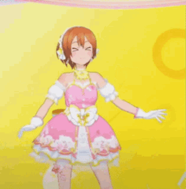 a girl in a pink dress and white gloves is standing on a yellow background