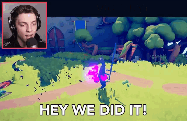 a man wearing headphones is playing a video game with the words hey we did it