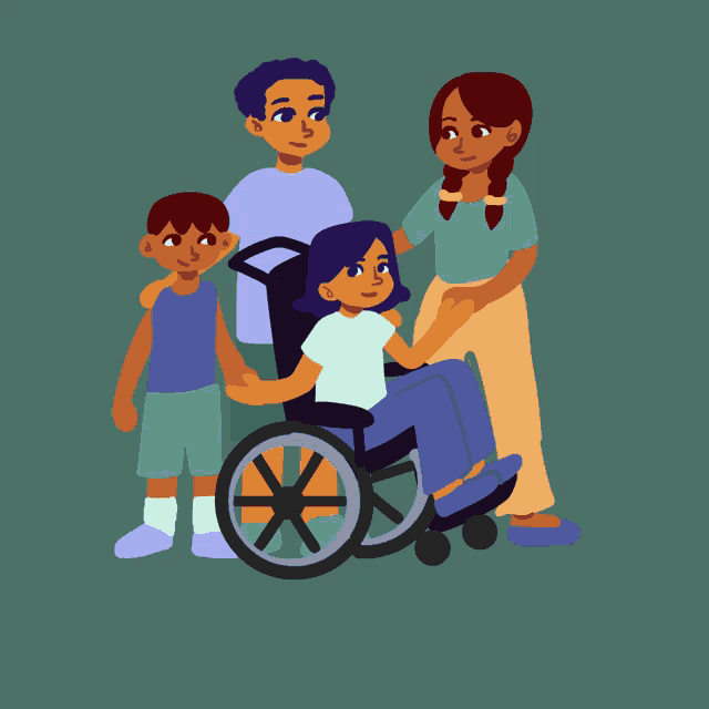 an illustration of a family with a girl in a wheelchair and the caption #carecantwait
