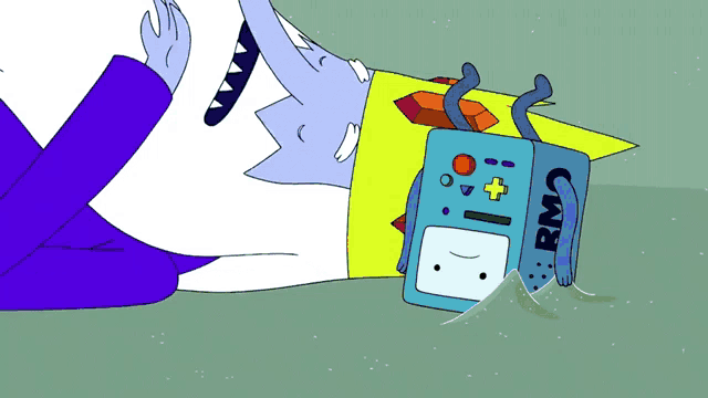 a cartoon character with the word bmo on his head