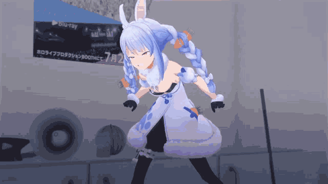 a video game character is standing in front of a sign that says blu-ray on it