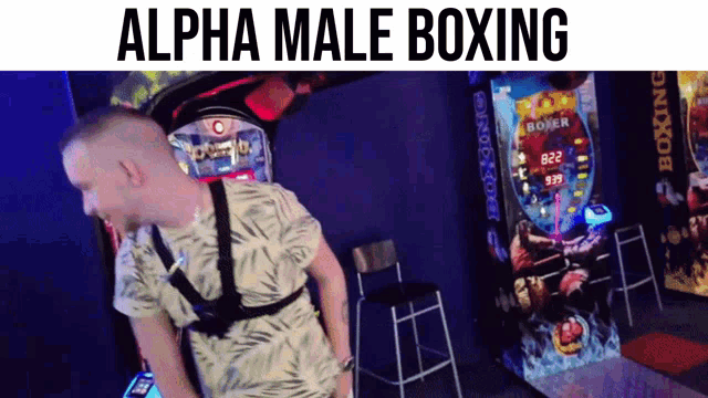 a man playing an arcade game with the words alpha male boxing below him