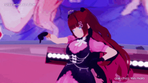 a girl in a pink and black dress with the words " que chico tan malo " below her
