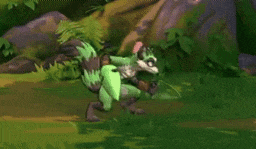 a cartoon character is holding a green sword in a green field .