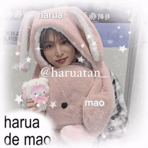 a person wearing a pink bunny hat and holding a stuffed animal with harua and mao written on it