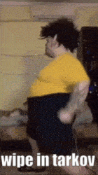 a man in a yellow shirt and black shorts is dancing with the words wipe in tarkov below him
