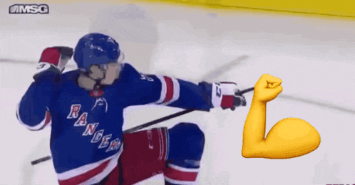 a hockey player for the new york rangers is kneeling on the ice