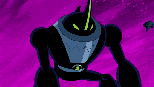 a cartoon character is standing on a rock in front of a purple background