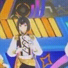 a woman in a mask is standing in front of a colorful background holding a sword .