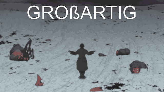 a poster of a man standing in the snow with the word grossartig above him