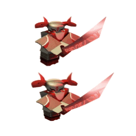 a 3d rendering of a robot with a red wing and a sword