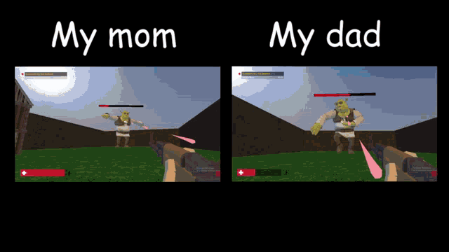 shrek is being killed by shrek in a video game with the words " my mom " and " my dad "