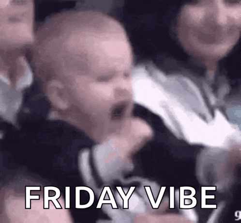 a baby is crying in a crowd of people with the words `` friday vibe '' written above it .
