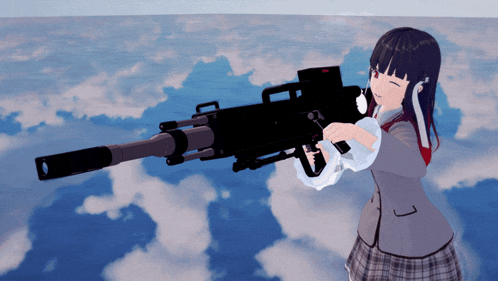 a girl in a plaid skirt is holding a rifle