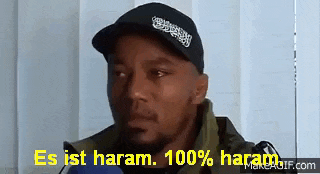 a man wearing a hat that says es ist haram