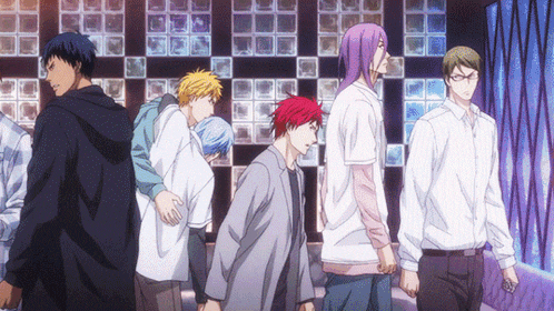 a group of anime characters are standing in a room with a checkered wall