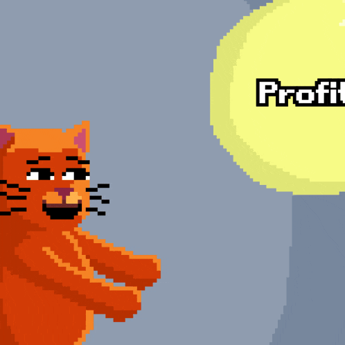 a pixel art illustration of a cat holding a yellow ball with the word profits on it
