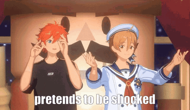a couple of anime characters standing next to each other with the words pretends to be shocked below them