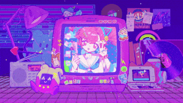 a cartoon drawing of a girl on a tv with a sticker that says ' aa ' on it
