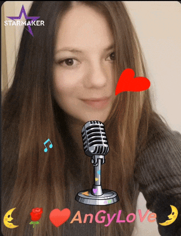 a picture of a girl with a microphone and the words angylove on the bottom