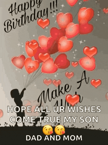 a happy birthday card with balloons in the shape of hearts and a boy holding a balloon .
