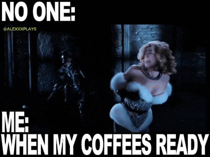 two women are hugging each other with the words no one me when my coffees ready .