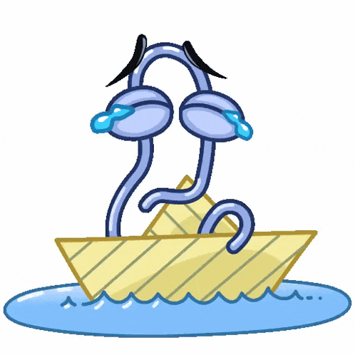 a cartoon flamingo is crying while sitting in a paper boat