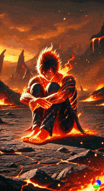 a man is sitting on a rock with fire coming out of his feet
