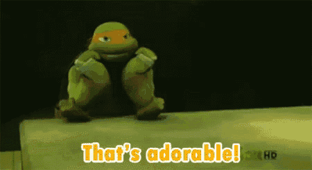 a teenage mutant ninja turtle is sitting on a table and says that 's adorable !