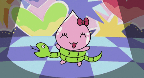 a cartoon drawing of a girl with a bow on her head and a snake around her neck