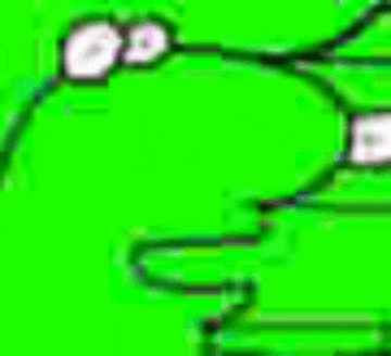a close up of a green cartoon character with glasses on a green background .