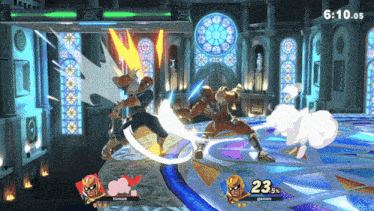 falcon and ganon are fighting in a video game with a time of 6:05