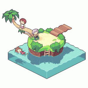 a pixel art drawing of a small island with two people on it