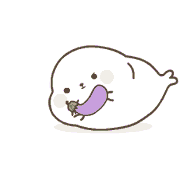 a cartoon drawing of a seal with a purple eggplant in its mouth ..