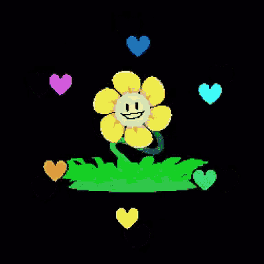 a pixel art drawing of a flower with hearts around it .