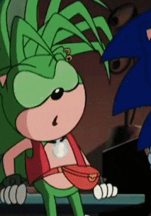 a cartoon character with green hair is standing next to a blue cartoon character .