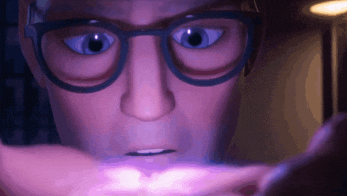 a close up of a person 's face with glasses and purple eyes