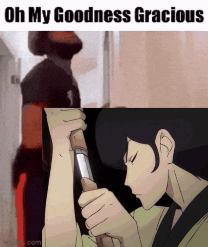 a cartoon of a man holding a sword with the words oh my goodness gracious