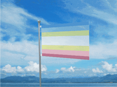 a colorful flag is flying in the wind in front of a blue sky