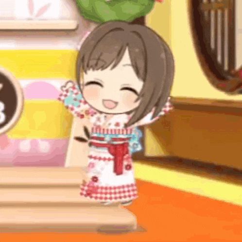 a cartoon girl in a kimono is standing in a room and smiling .
